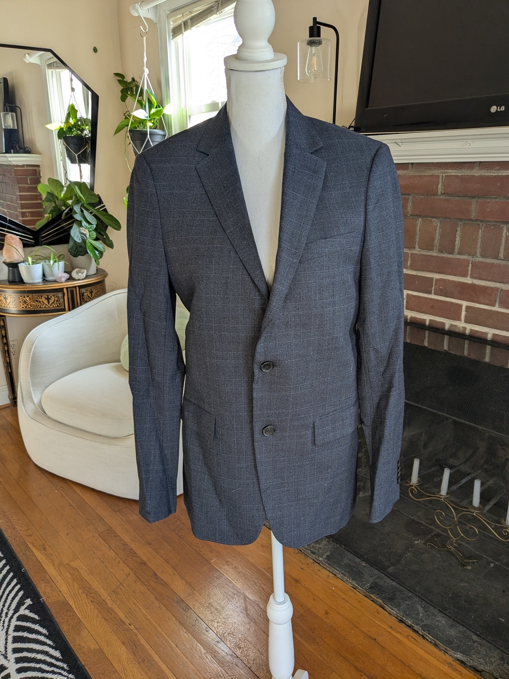 Navy Blue Plaid Theory Wool Blazer